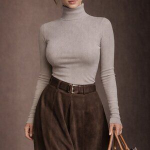 H&M Dusty Blush Beige Super Soft Ribbed High-Neck Fitted Turtleneck Top Sweater